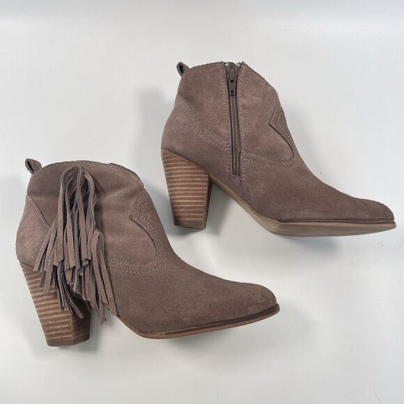 Steve Madden Ohio Western Ankle Booties Fringe Taupe Suede Heeled Women's 8.5 - Picture 2 of 9